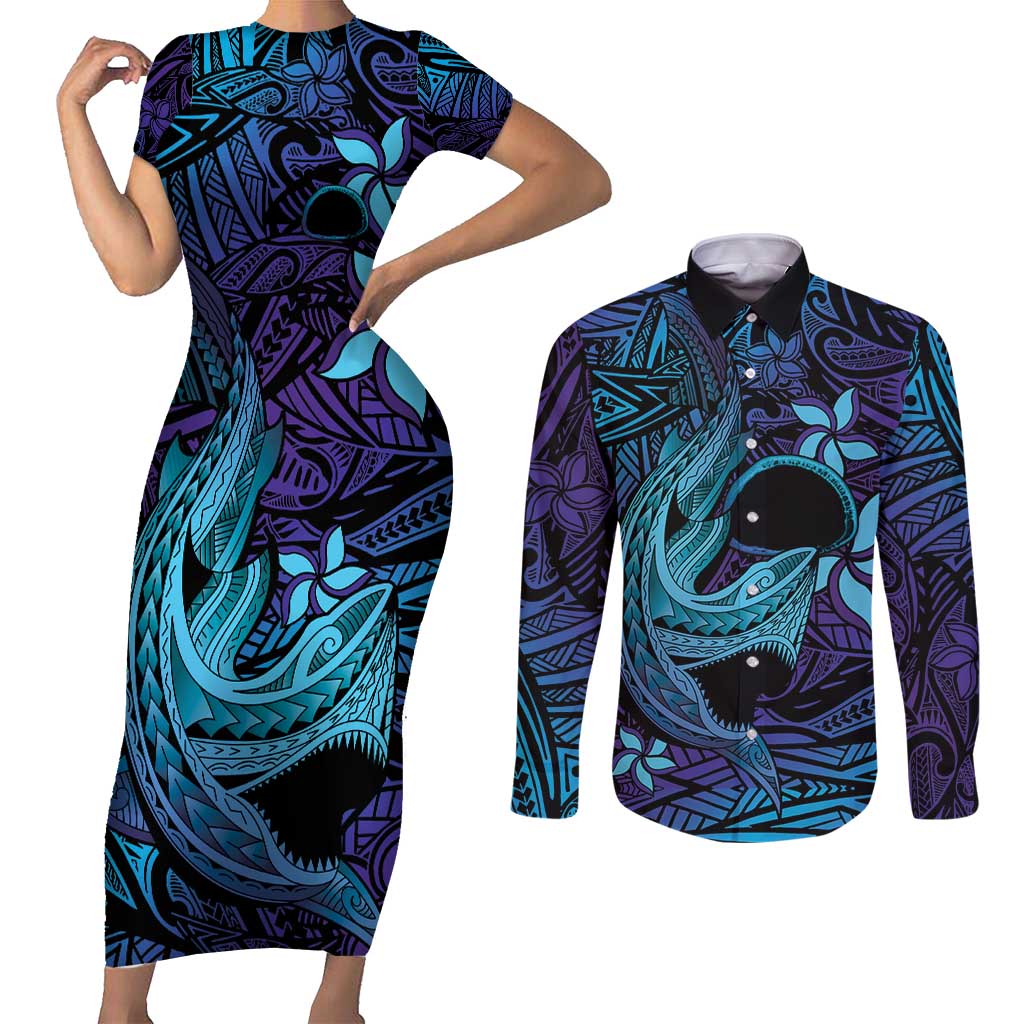 Nukuoro Atoll Couples Matching Short Sleeve Bodycon Dress and Long Sleeve Button Shirt Polynesian Shark Tattoo Purple Gradient Vibes