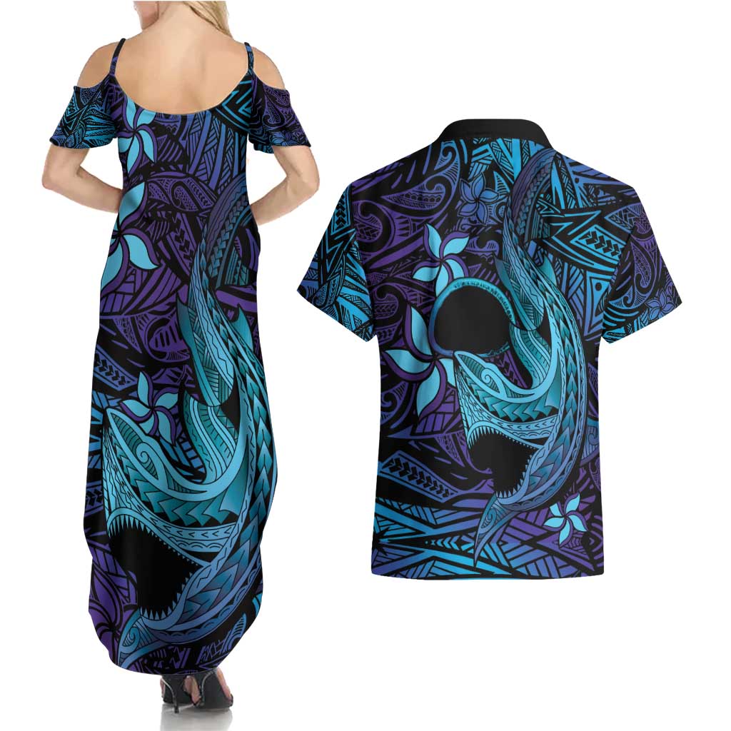 Nukuoro Atoll Couples Matching Summer Maxi Dress and Hawaiian Shirt Polynesian Shark Tattoo Purple Gradient Vibes