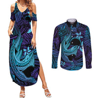 Nukuoro Atoll Couples Matching Summer Maxi Dress and Long Sleeve Button Shirt Polynesian Shark Tattoo Purple Gradient Vibes