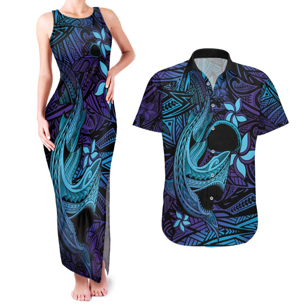 Nukuoro Atoll Couples Matching Tank Maxi Dress and Hawaiian Shirt Polynesian Shark Tattoo Purple Gradient Vibes