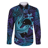 Nukuoro Atoll Family Matching Mermaid Dress and Hawaiian Shirt Polynesian Shark Tattoo Purple Gradient Vibes LT14 Dad's Shirt - Long Sleeve Purple - Polynesian Pride