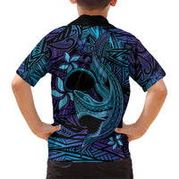 Nukuoro Atoll Family Matching Off Shoulder Maxi Dress and Hawaiian Shirt Polynesian Shark Tattoo Purple Gradient Vibes
