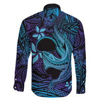 Nukuoro Atoll Family Matching Off Shoulder Maxi Dress and Hawaiian Shirt Polynesian Shark Tattoo Purple Gradient Vibes