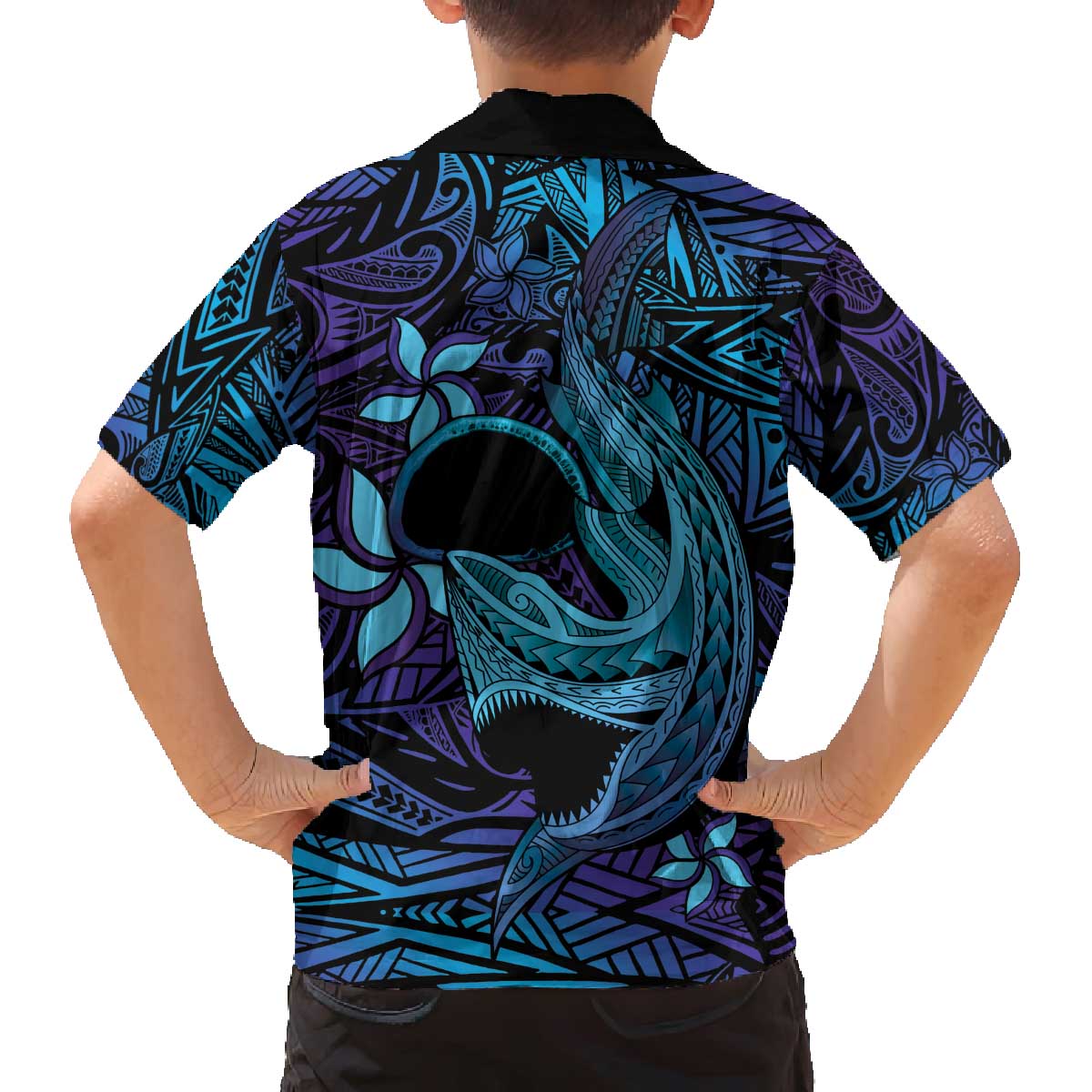 Nukuoro Atoll Family Matching Puletasi and Hawaiian Shirt Polynesian Shark Tattoo Purple Gradient Vibes