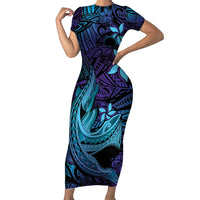Nukuoro Atoll Family Matching Short Sleeve Bodycon Dress and Hawaiian Shirt Polynesian Shark Tattoo Purple Gradient Vibes LT14 Mom's Dress Purple - Polynesian Pride
