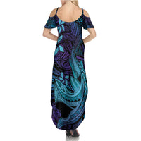 Nukuoro Atoll Family Matching Summer Maxi Dress and Hawaiian Shirt Polynesian Shark Tattoo Purple Gradient Vibes