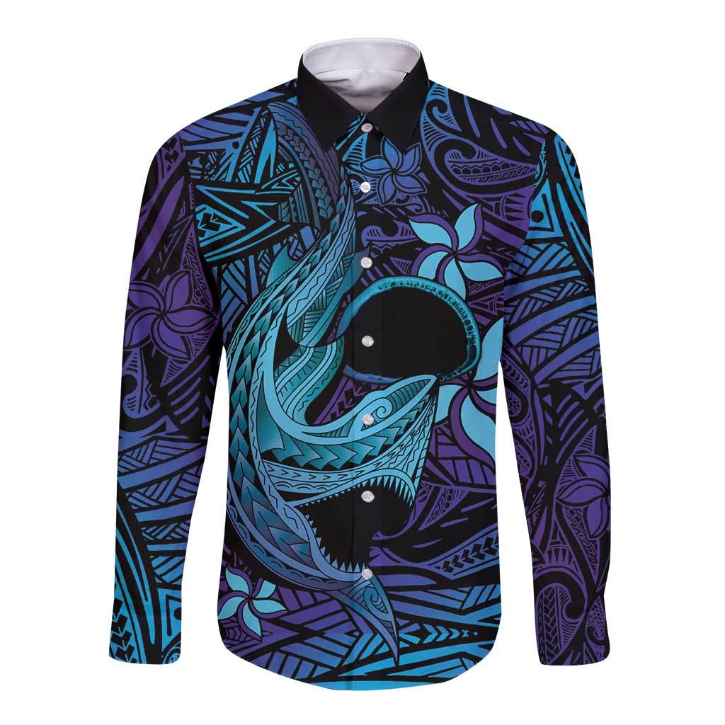 Nukuoro Atoll Long Sleeve Button Shirt Polynesian Shark Tattoo Purple Gradient Vibes LT14 Unisex Purple - Polynesian Pride