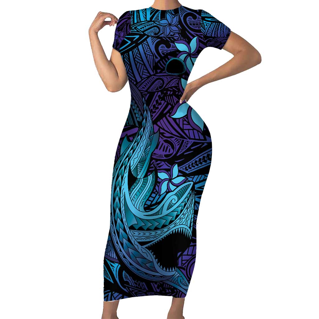 Nukuoro Atoll Short Sleeve Bodycon Dress Polynesian Shark Tattoo Purple Gradient Vibes