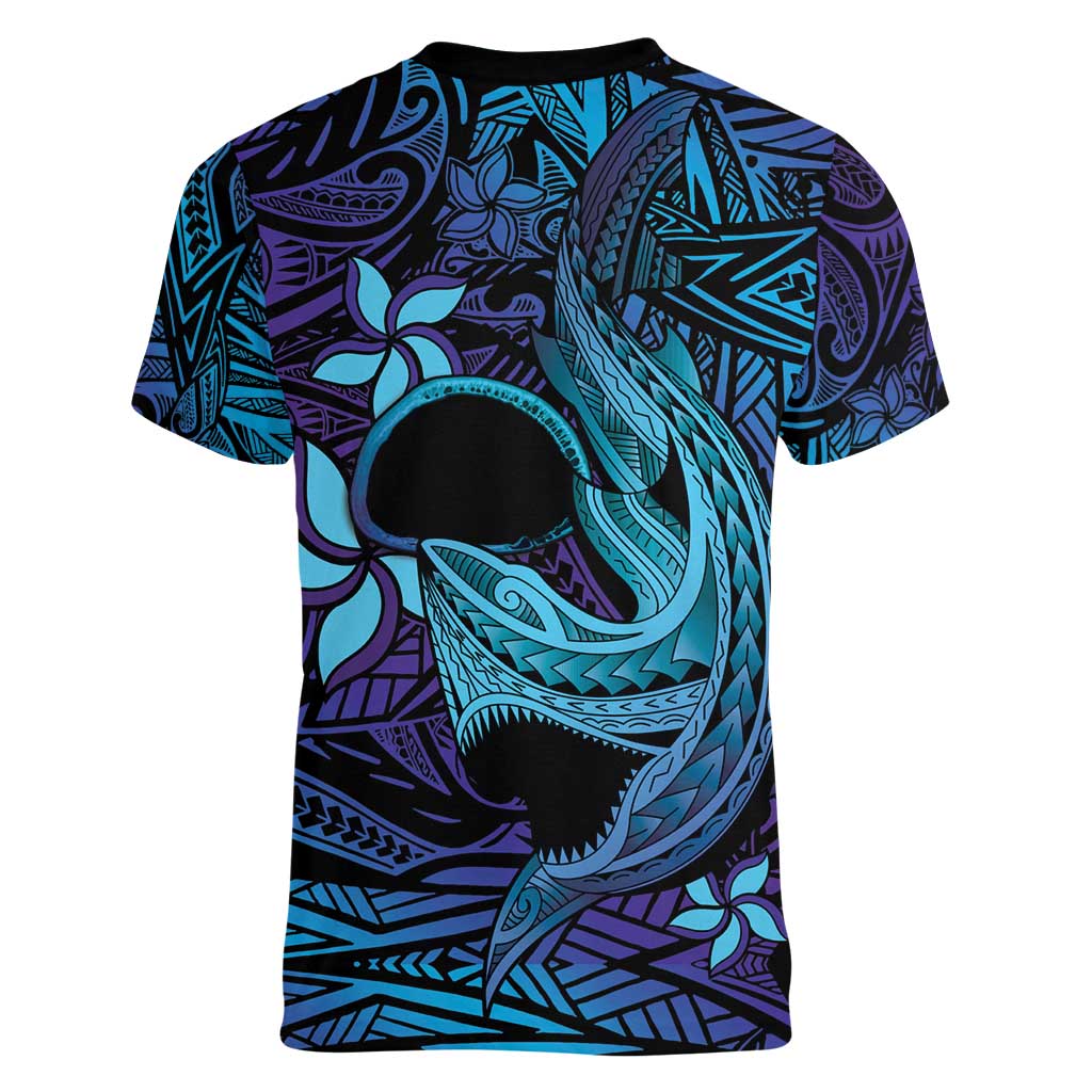 Nukuoro Atoll Women V-Neck T-Shirt Polynesian Shark Tattoo Purple Gradient Vibes LT14 - Polynesian Pride