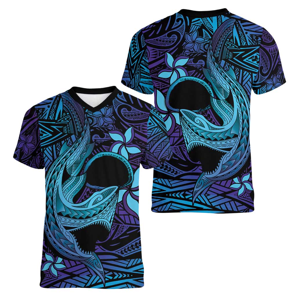 Nukuoro Atoll Women V-Neck T-Shirt Polynesian Shark Tattoo Purple Gradient Vibes LT14 - Polynesian Pride