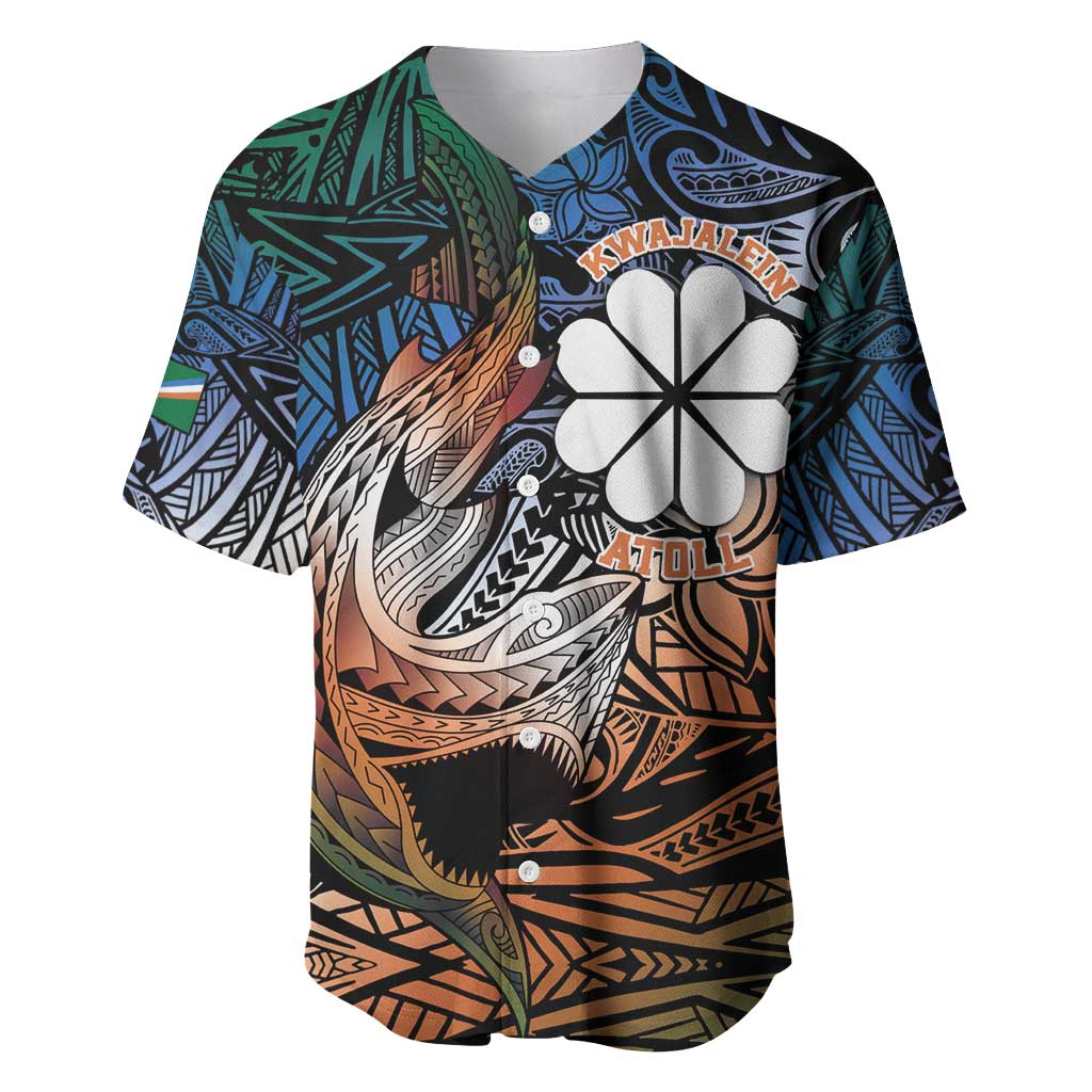 Personalised Kwajalein Atoll Baseball Jersey Polynesian Shark Tattoo Gradient Vibes LT14 Black - Polynesian Pride