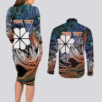 Personalised Kwajalein Atoll Couples Matching Long Sleeve Bodycon Dress and Long Sleeve Button Shirt Polynesian Shark Tattoo Gradient Vibes