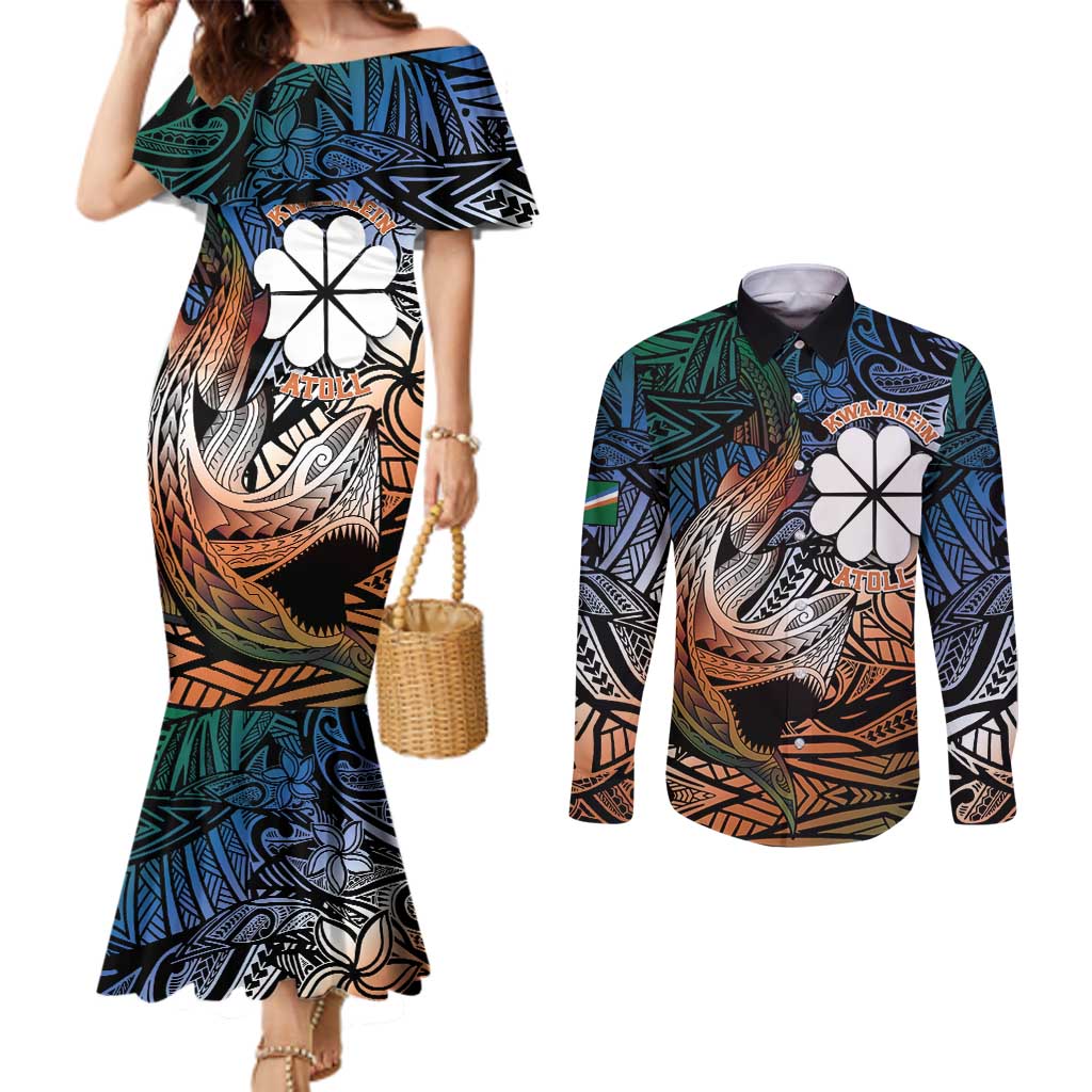 Personalised Kwajalein Atoll Couples Matching Mermaid Dress and Long Sleeve Button Shirt Polynesian Shark Tattoo Gradient Vibes