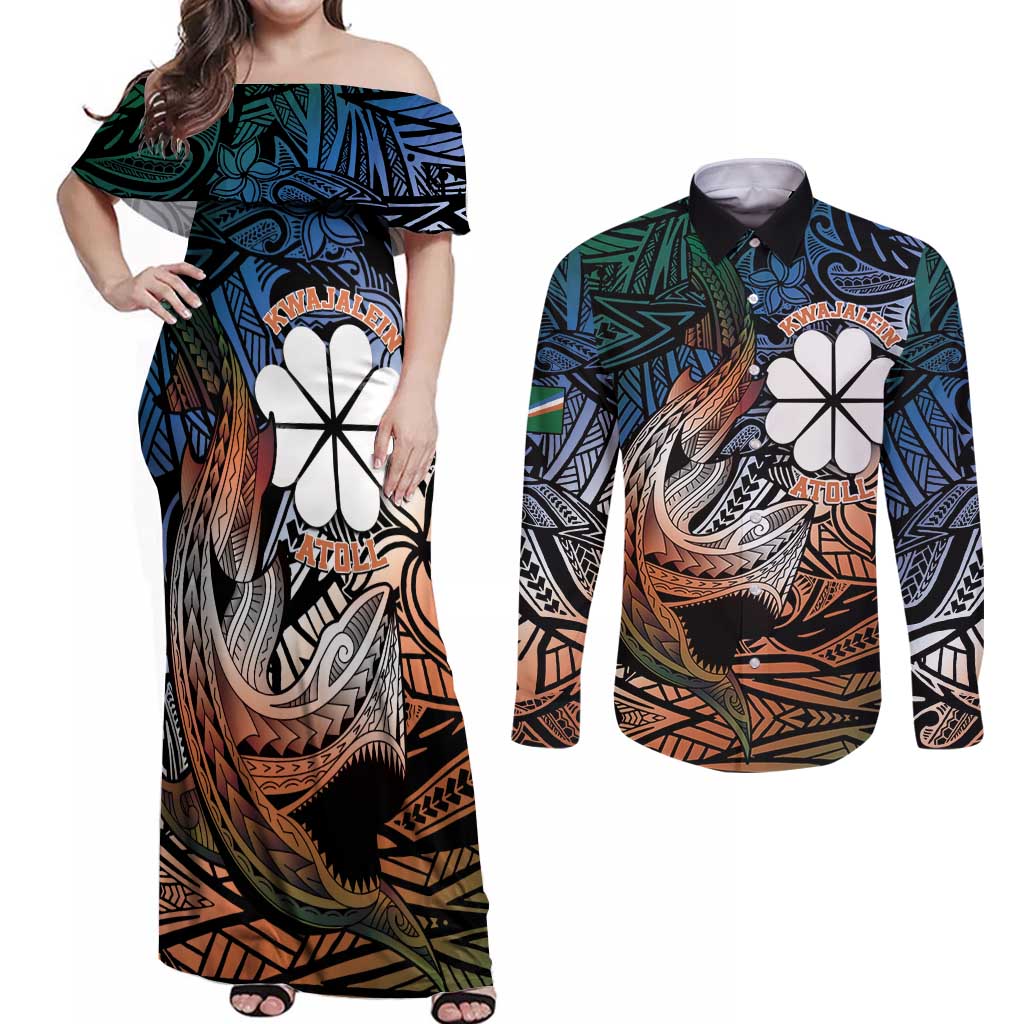 Personalised Kwajalein Atoll Couples Matching Off Shoulder Maxi Dress and Long Sleeve Button Shirt Polynesian Shark Tattoo Gradient Vibes