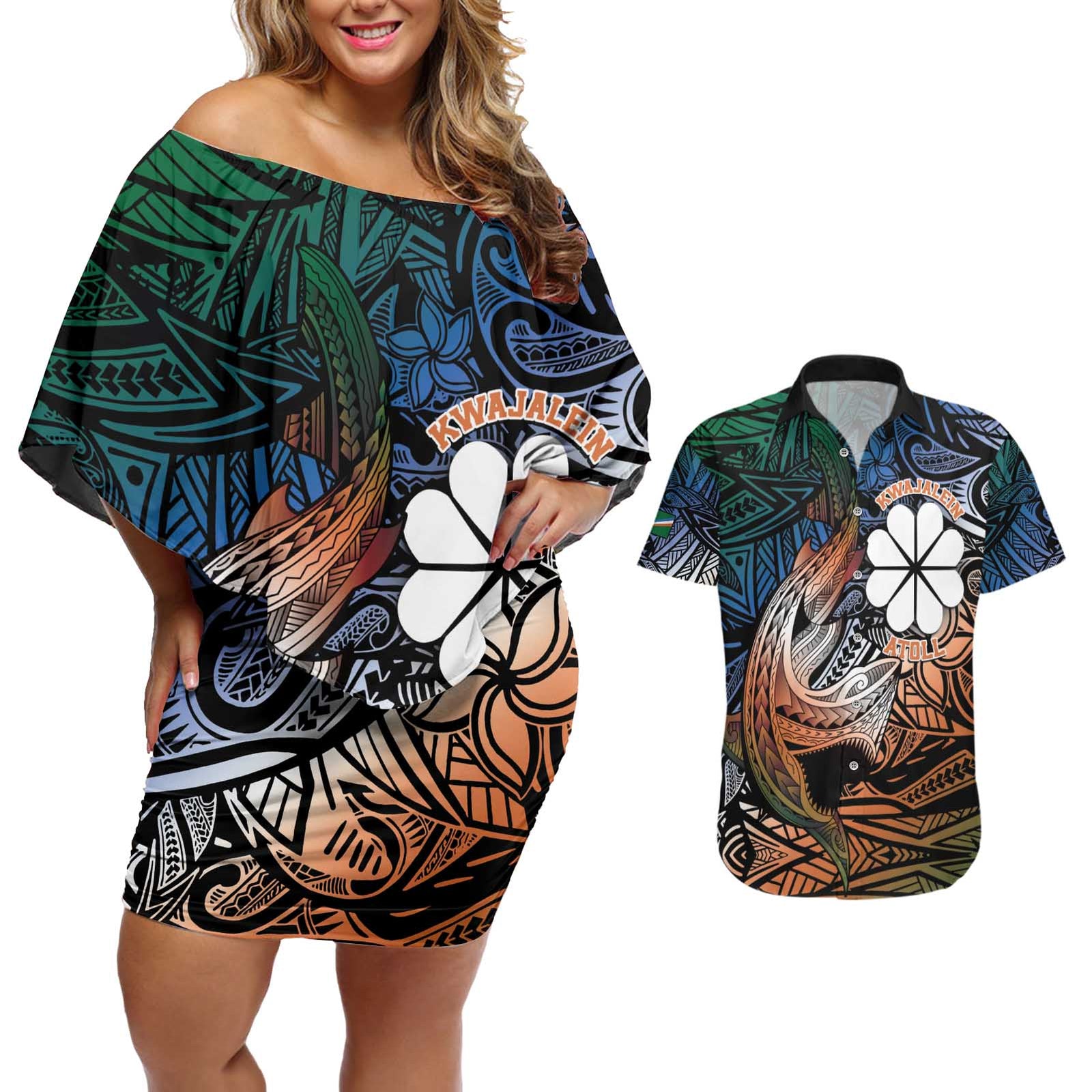 Personalised Kwajalein Atoll Couples Matching Off Shoulder Short Dress and Hawaiian Shirt Polynesian Shark Tattoo Gradient Vibes