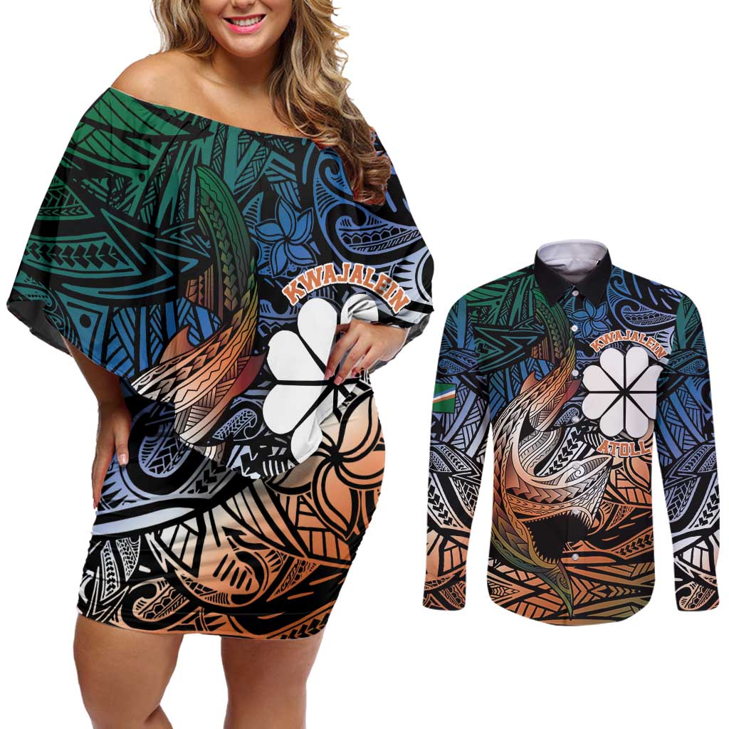Personalised Kwajalein Atoll Couples Matching Off Shoulder Short Dress and Long Sleeve Button Shirt Polynesian Shark Tattoo Gradient Vibes