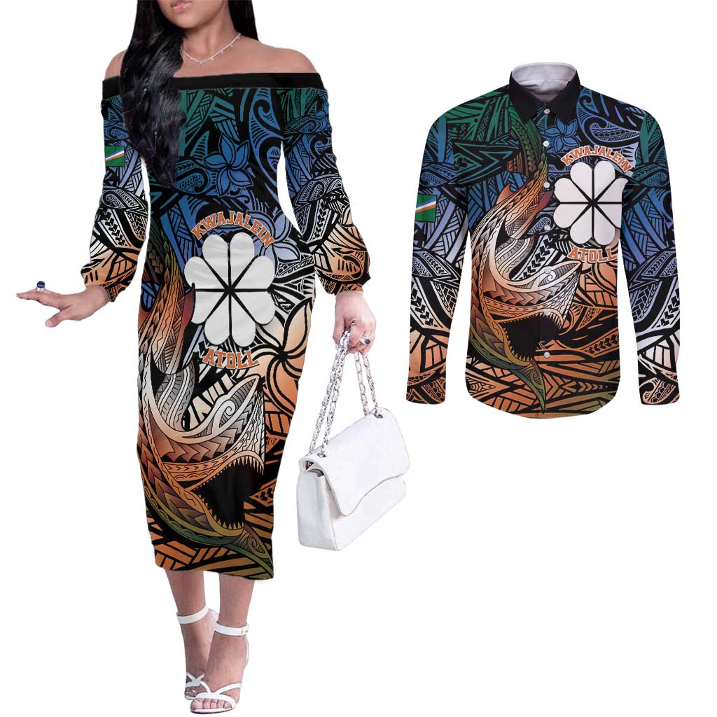 Personalised Kwajalein Atoll Couples Matching Off The Shoulder Long Sleeve Dress and Long Sleeve Button Shirt Polynesian Shark Tattoo Gradient Vibes