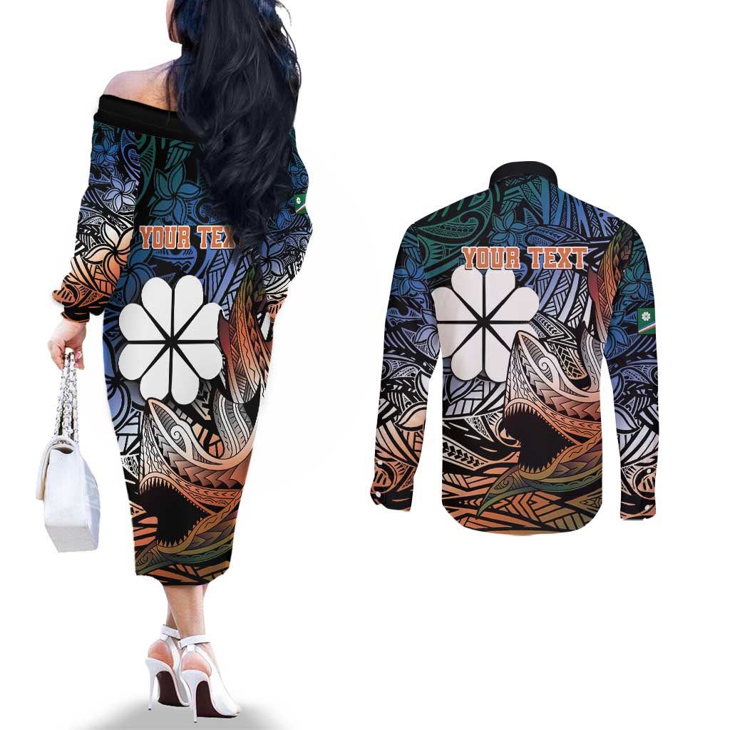 Personalised Kwajalein Atoll Couples Matching Off The Shoulder Long Sleeve Dress and Long Sleeve Button Shirt Polynesian Shark Tattoo Gradient Vibes