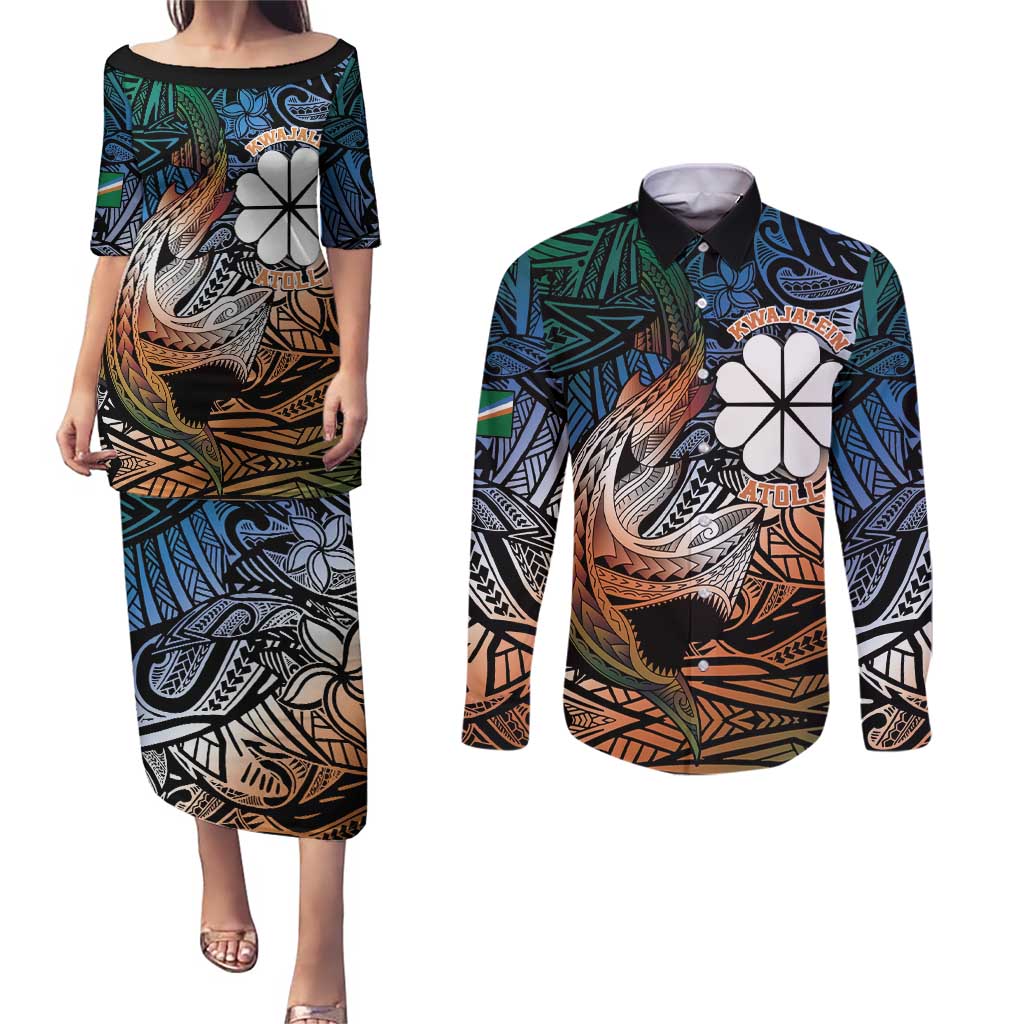 Personalised Kwajalein Atoll Couples Matching Puletasi and Long Sleeve Button Shirt Polynesian Shark Tattoo Gradient Vibes