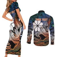 Personalised Kwajalein Atoll Couples Matching Short Sleeve Bodycon Dress and Long Sleeve Button Shirt Polynesian Shark Tattoo Gradient Vibes