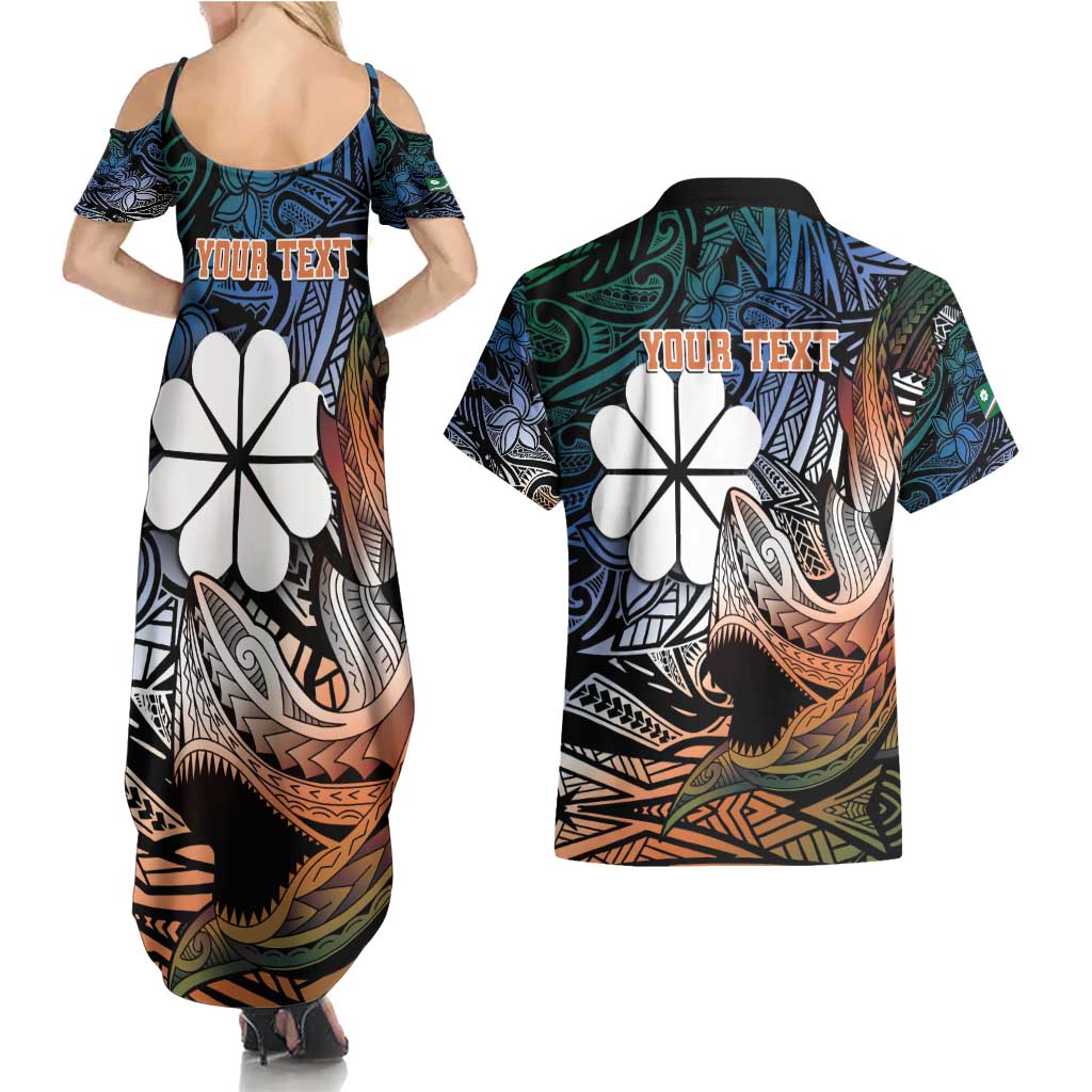 Personalised Kwajalein Atoll Couples Matching Summer Maxi Dress and Hawaiian Shirt Polynesian Shark Tattoo Gradient Vibes