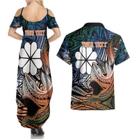 Personalised Kwajalein Atoll Couples Matching Summer Maxi Dress and Hawaiian Shirt Polynesian Shark Tattoo Gradient Vibes