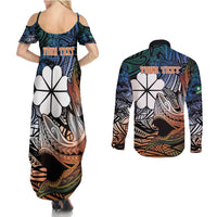 Personalised Kwajalein Atoll Couples Matching Summer Maxi Dress and Long Sleeve Button Shirt Polynesian Shark Tattoo Gradient Vibes