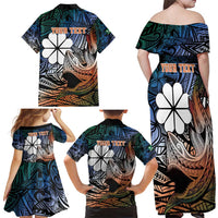 Personalised Kwajalein Atoll Family Matching Off Shoulder Maxi Dress and Hawaiian Shirt Polynesian Shark Tattoo Gradient Vibes