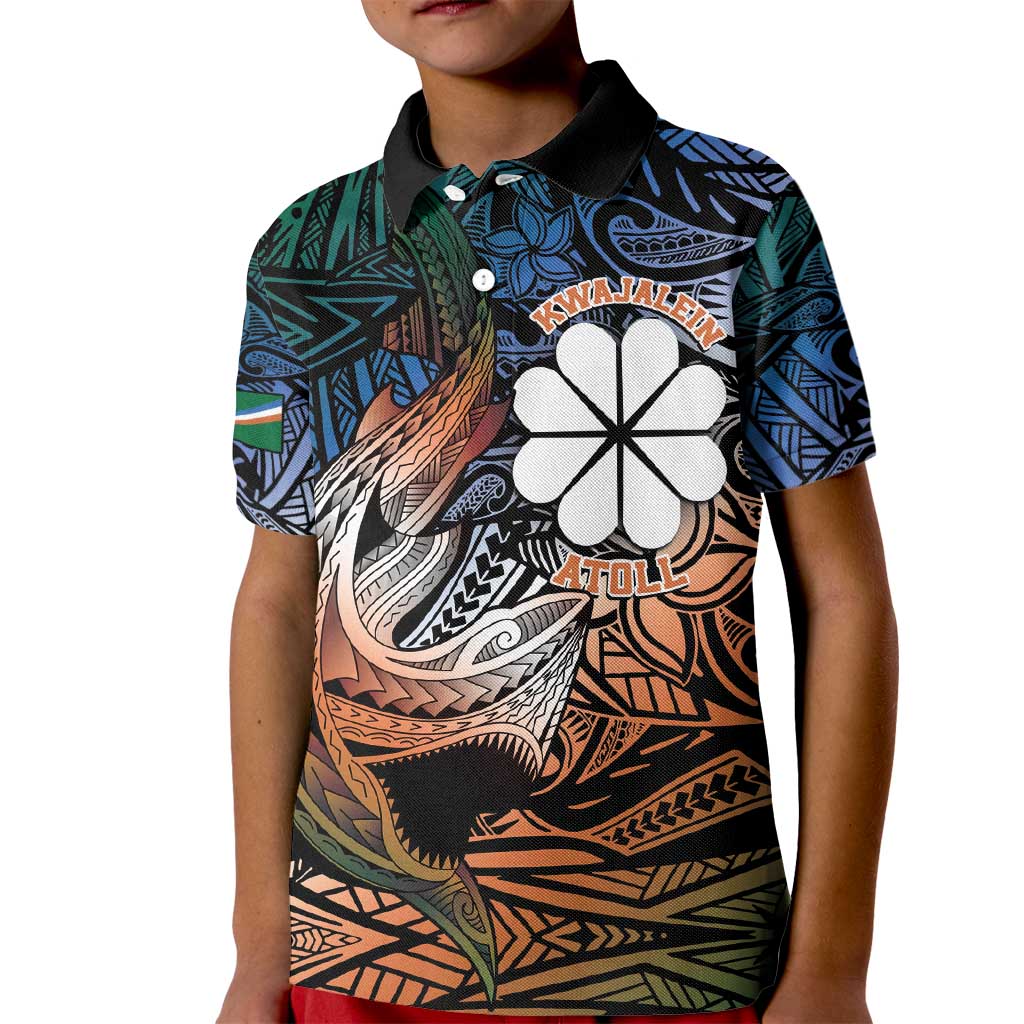 Personalised Kwajalein Atoll Kid Polo Shirt Polynesian Shark Tattoo Gradient Vibes LT14 Kid Black - Polynesian Pride