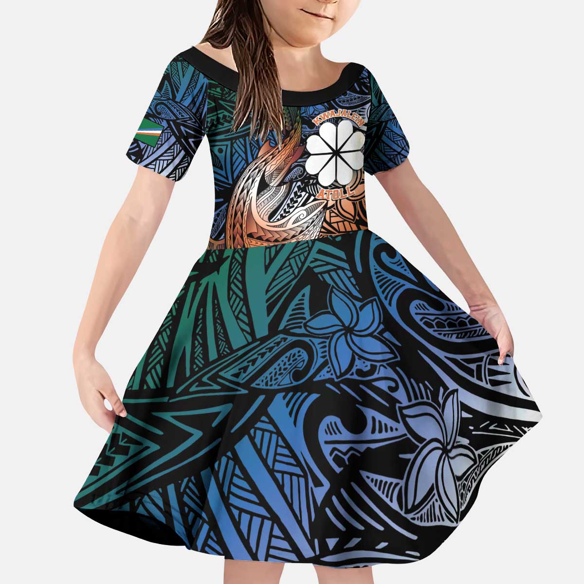 Personalised Kwajalein Atoll Kid Short Sleeve Dress Polynesian Shark Tattoo Gradient Vibes LT14 KID Black - Polynesian Pride