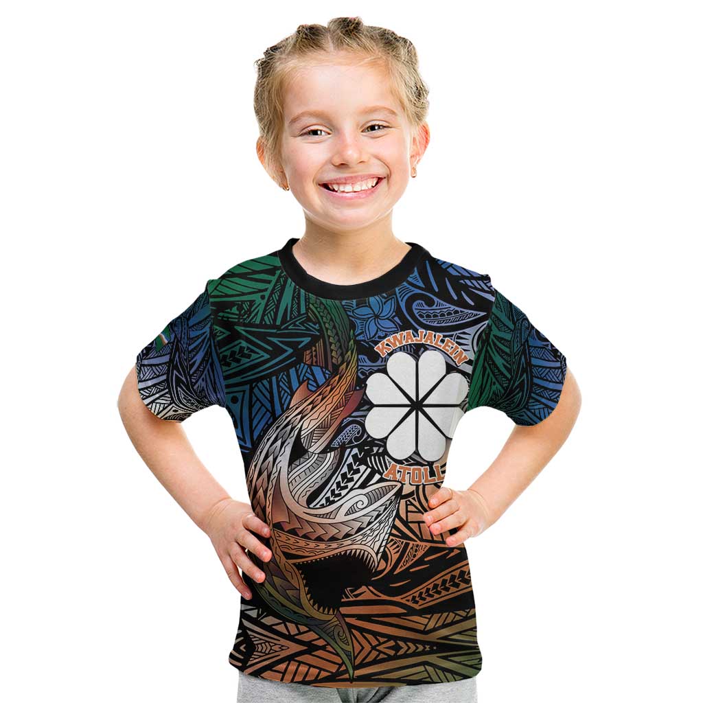 Personalised Kwajalein Atoll Kid T Shirt Polynesian Shark Tattoo Gradient Vibes LT14 Black - Polynesian Pride