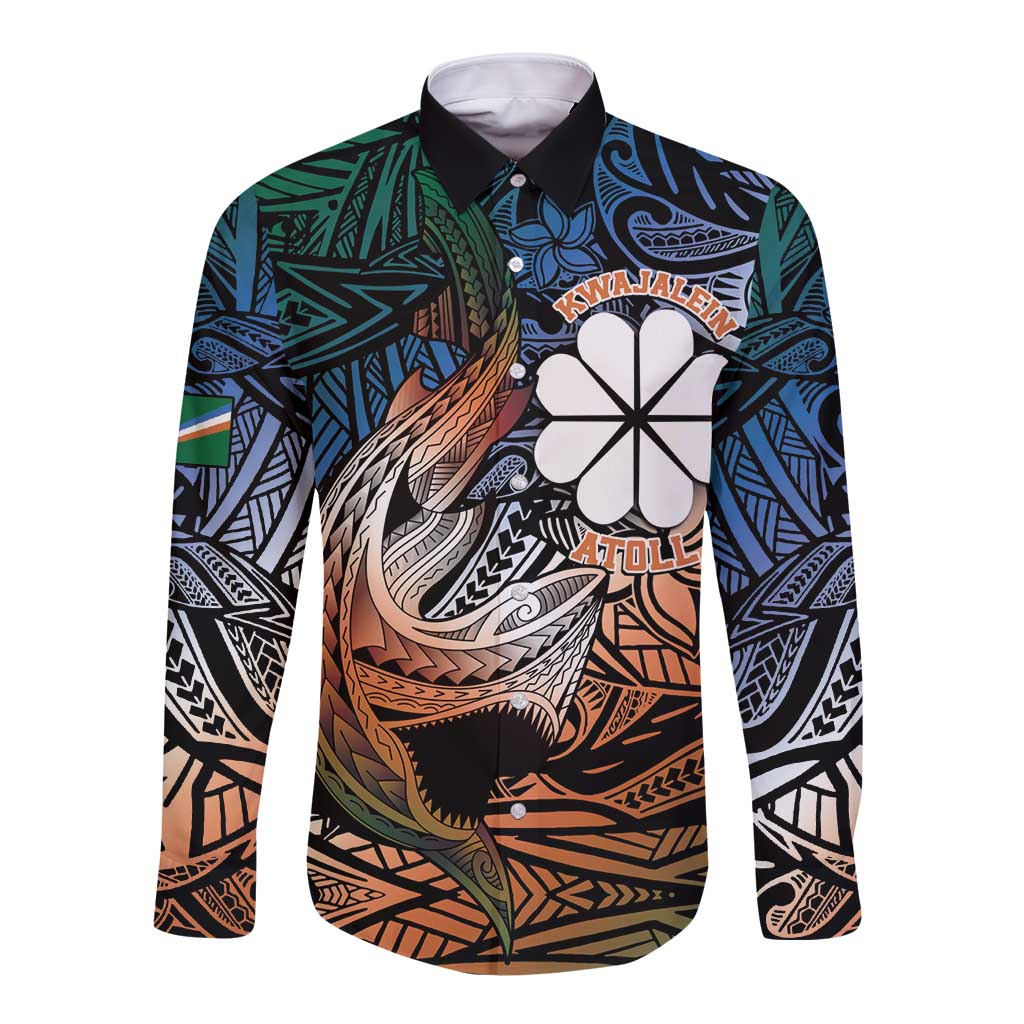 Personalised Kwajalein Atoll Long Sleeve Button Shirt Polynesian Shark Tattoo Gradient Vibes LT14 Unisex Black - Polynesian Pride