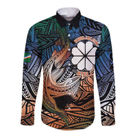 Personalised Kwajalein Atoll Long Sleeve Button Shirt Polynesian Shark Tattoo Gradient Vibes LT14 Unisex Black - Polynesian Pride
