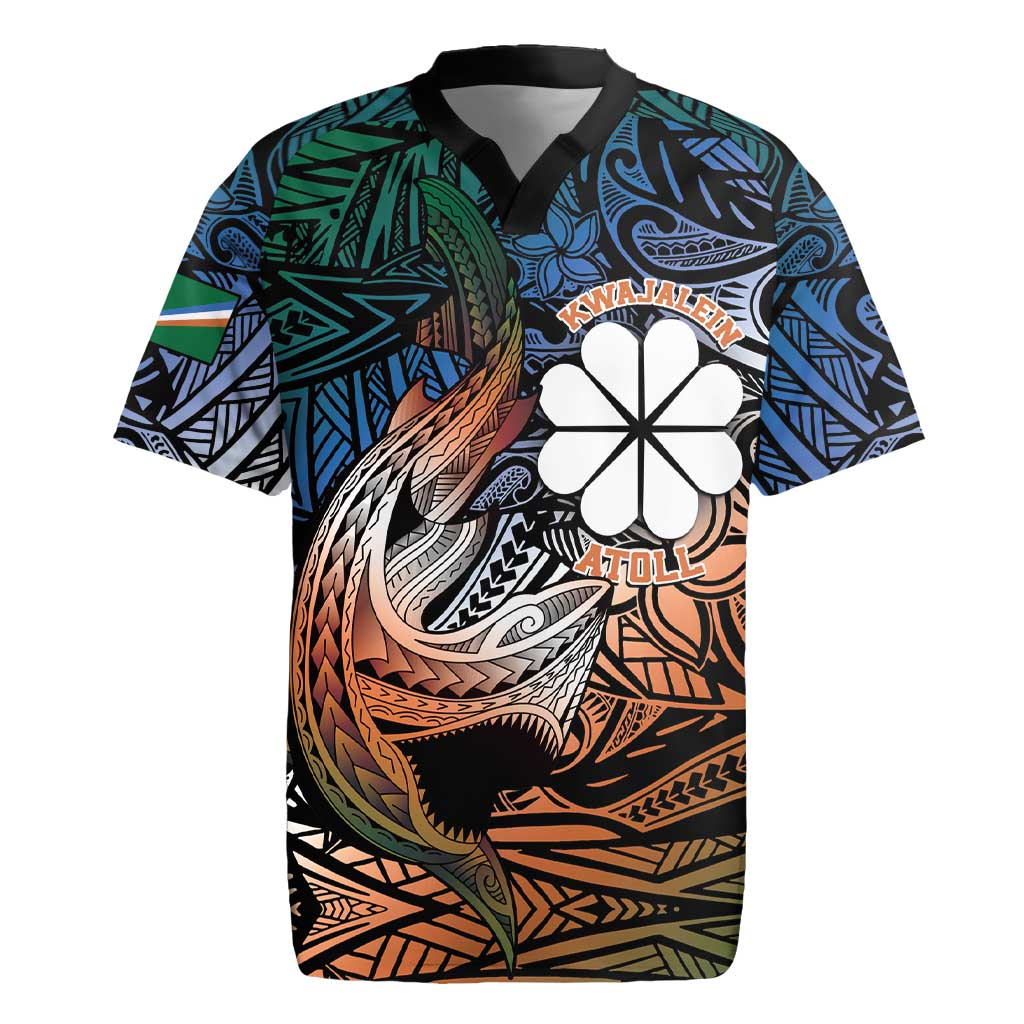 Personalised Kwajalein Atoll Rugby Jersey Polynesian Shark Tattoo Gradient Vibes