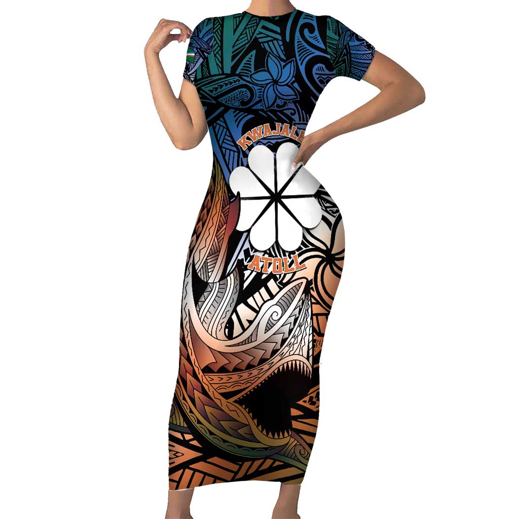 Personalised Kwajalein Atoll Short Sleeve Bodycon Dress Polynesian Shark Tattoo Gradient Vibes