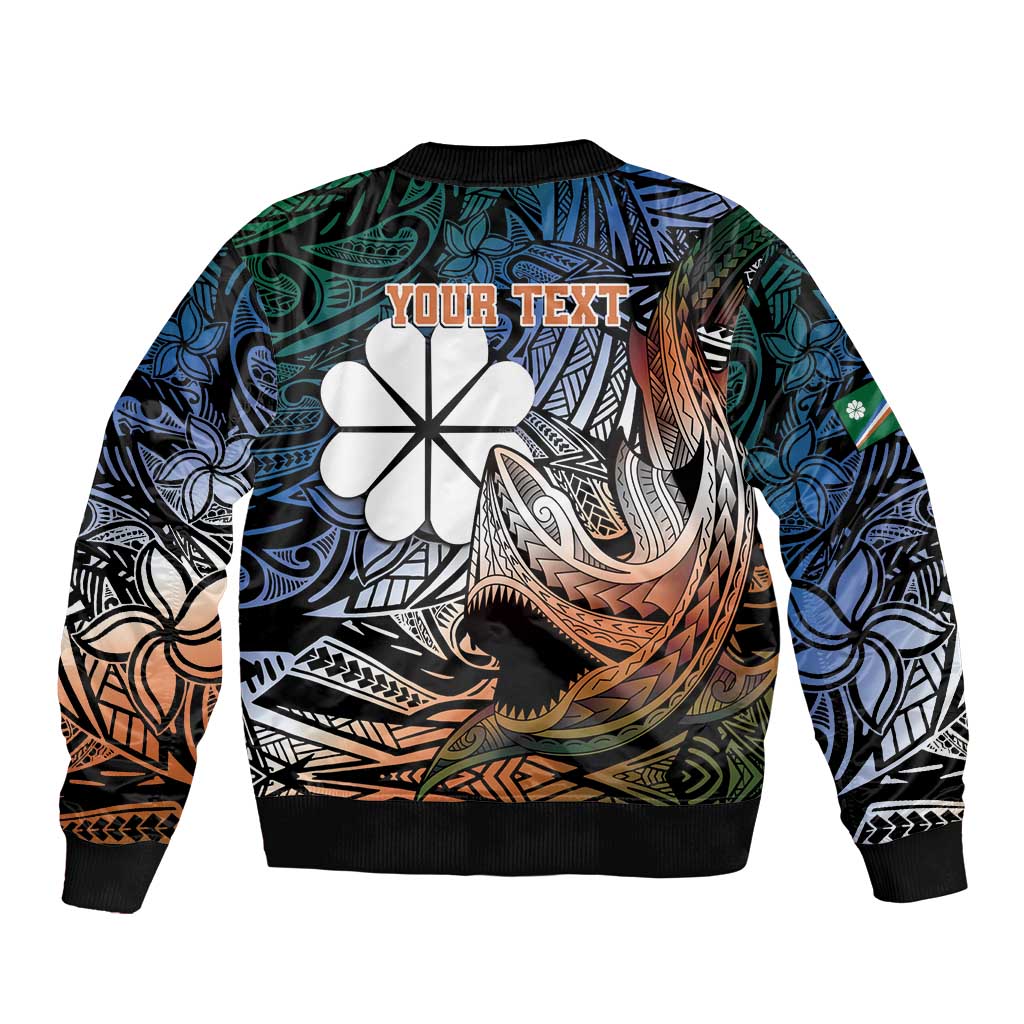 Personalised Kwajalein Atoll Sleeve Zip Bomber Jacket Polynesian Shark Tattoo Gradient Vibes