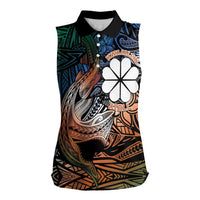 Personalised Kwajalein Atoll Women Sleeveless Polo Shirt Polynesian Shark Tattoo Gradient Vibes LT14 Female Black - Polynesian Pride