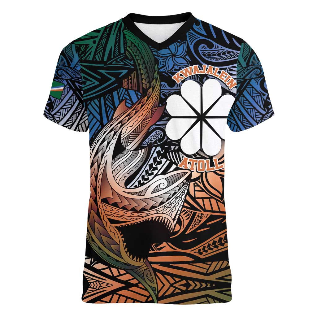 Personalised Kwajalein Atoll Women V-Neck T-Shirt Polynesian Shark Tattoo Gradient Vibes LT14 Female Black - Polynesian Pride