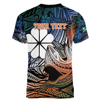 Personalised Kwajalein Atoll Women V-Neck T-Shirt Polynesian Shark Tattoo Gradient Vibes LT14 - Polynesian Pride