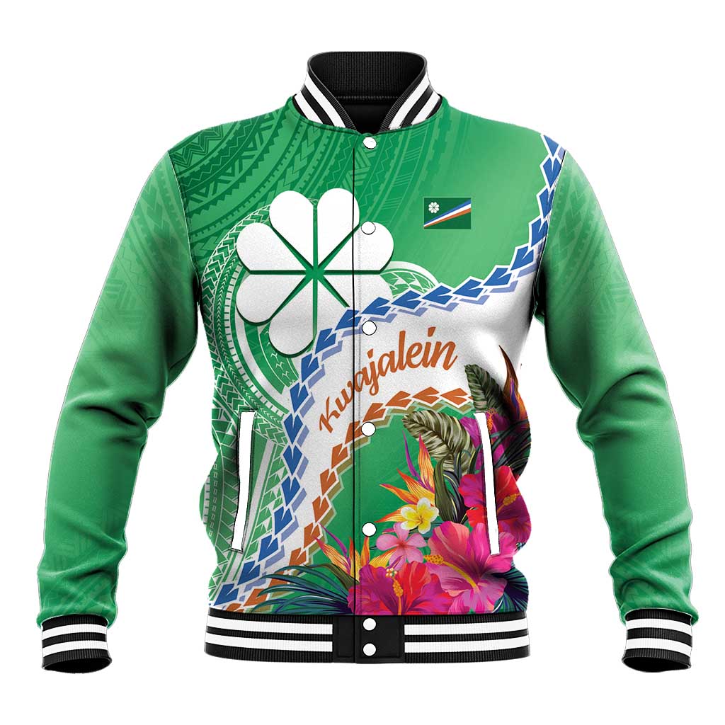 Marshall Islands Kwajalein Atoll Baseball Jacket Curves Polynesian Mix Tropical Flowers LT14 Unisex Green - Polynesian Pride