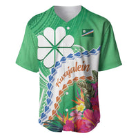 Marshall Islands Kwajalein Atoll Baseball Jersey Curves Polynesian Mix Tropical Flowers LT14 Green - Polynesian Pride