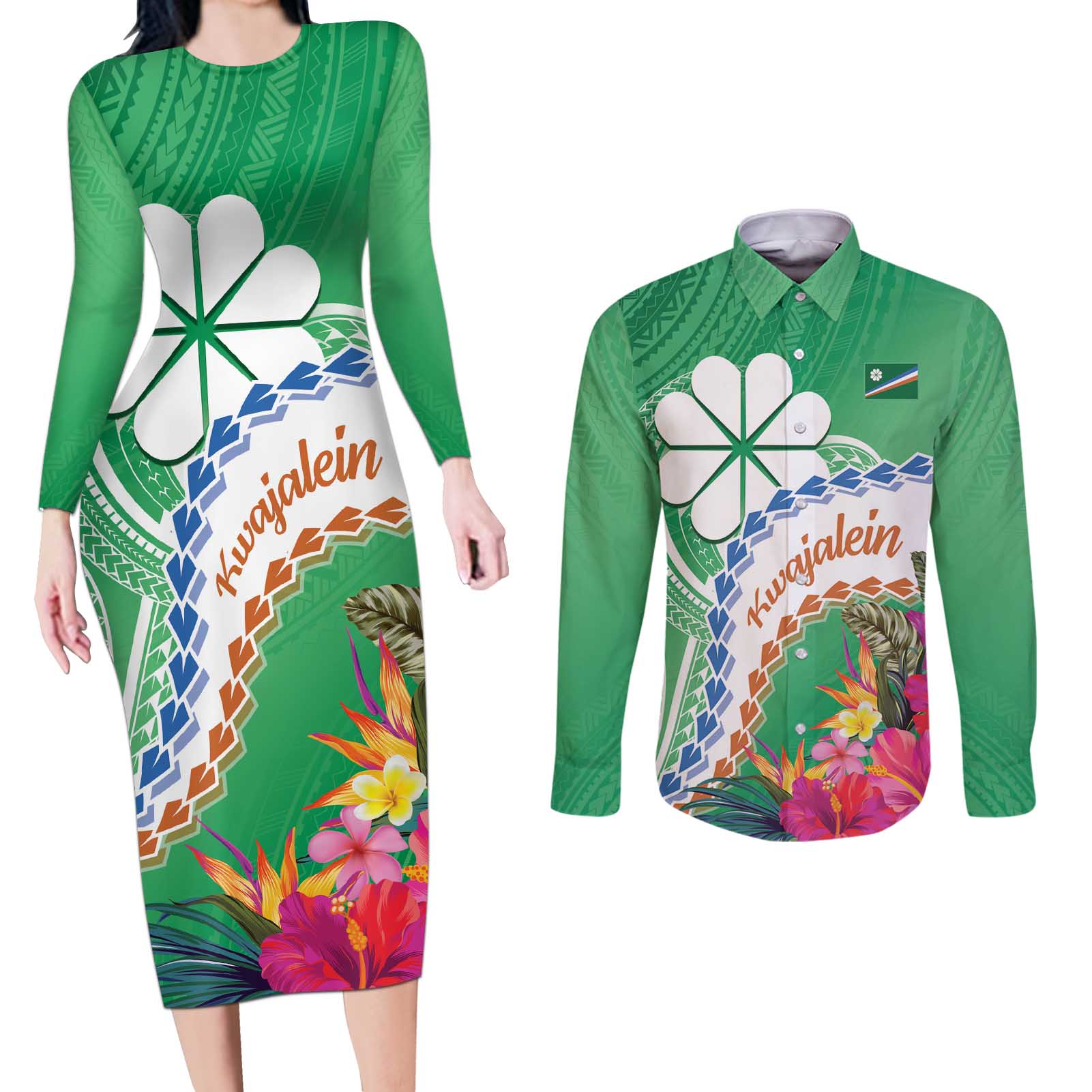 Marshall Islands Kwajalein Atoll Couples Matching Long Sleeve Bodycon Dress and Long Sleeve Button Shirt Curves Polynesian Mix Tropical Flowers