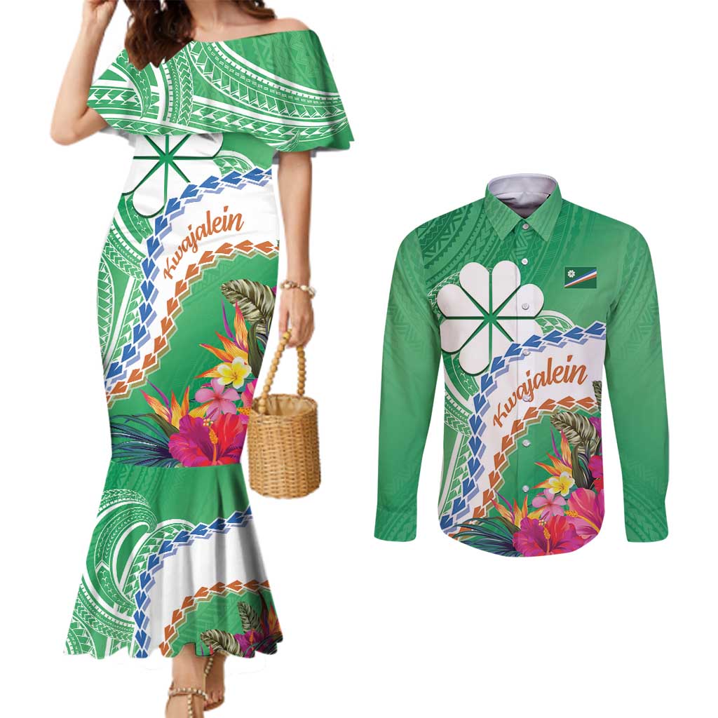 Marshall Islands Kwajalein Atoll Couples Matching Mermaid Dress and Long Sleeve Button Shirt Curves Polynesian Mix Tropical Flowers