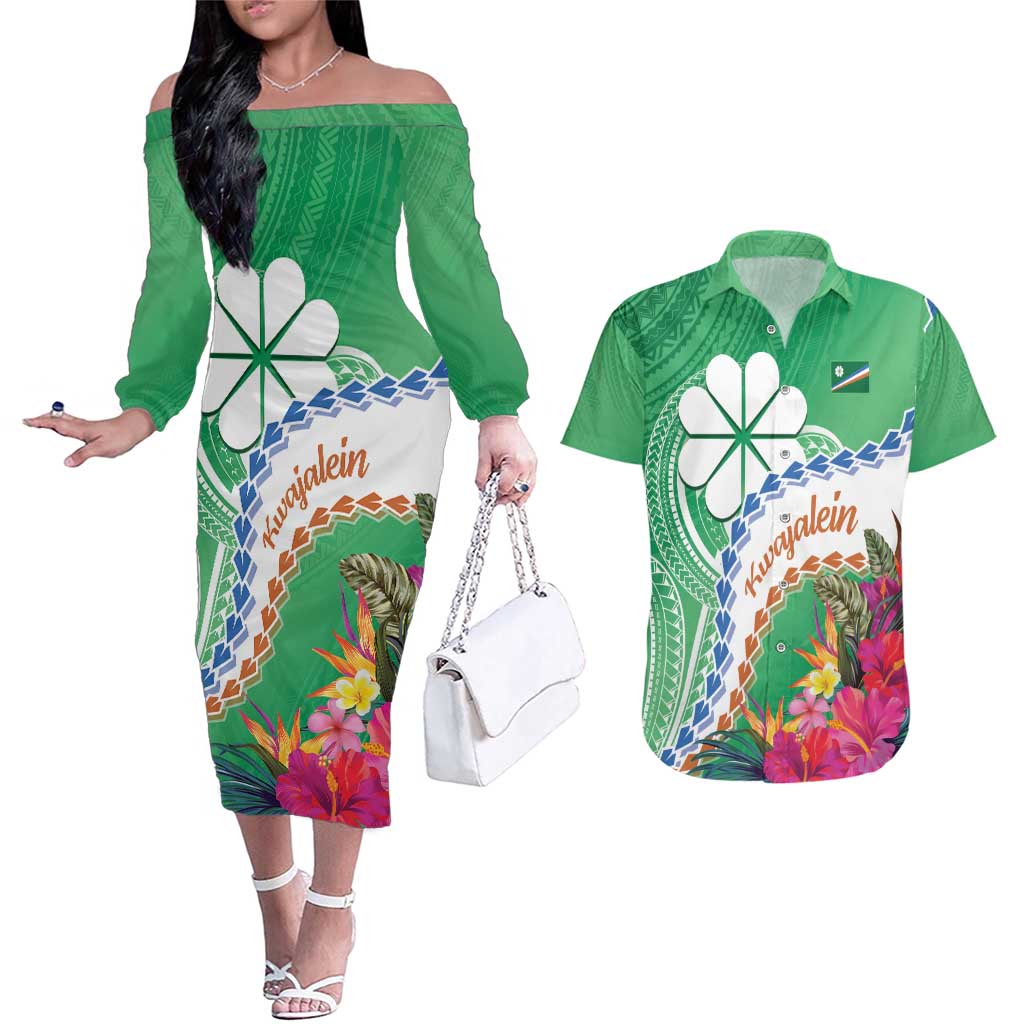 Marshall Islands Kwajalein Atoll Couples Matching Off The Shoulder Long Sleeve Dress and Hawaiian Shirt Curves Polynesian Mix Tropical Flowers