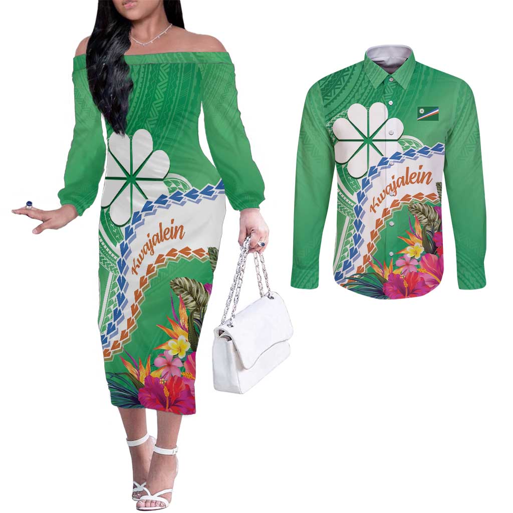 Marshall Islands Kwajalein Atoll Couples Matching Off The Shoulder Long Sleeve Dress and Long Sleeve Button Shirt Curves Polynesian Mix Tropical Flowers