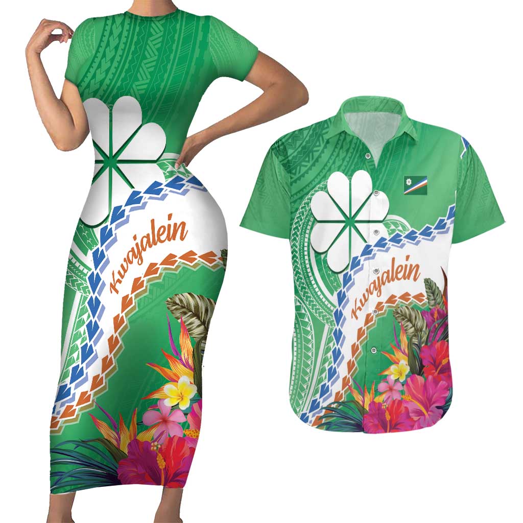 Marshall Islands Kwajalein Atoll Couples Matching Short Sleeve Bodycon Dress and Hawaiian Shirt Curves Polynesian Mix Tropical Flowers