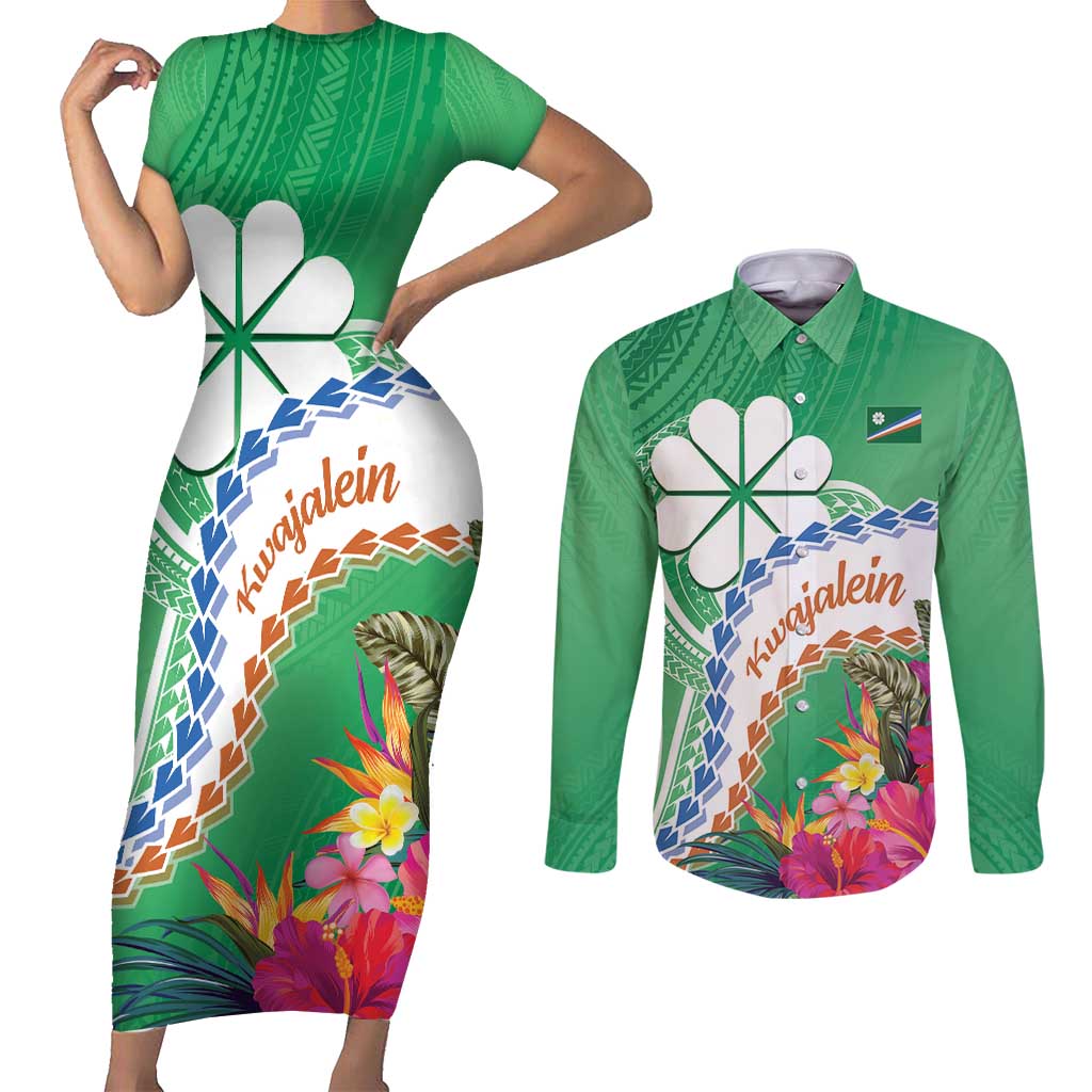 Marshall Islands Kwajalein Atoll Couples Matching Short Sleeve Bodycon Dress and Long Sleeve Button Shirt Curves Polynesian Mix Tropical Flowers