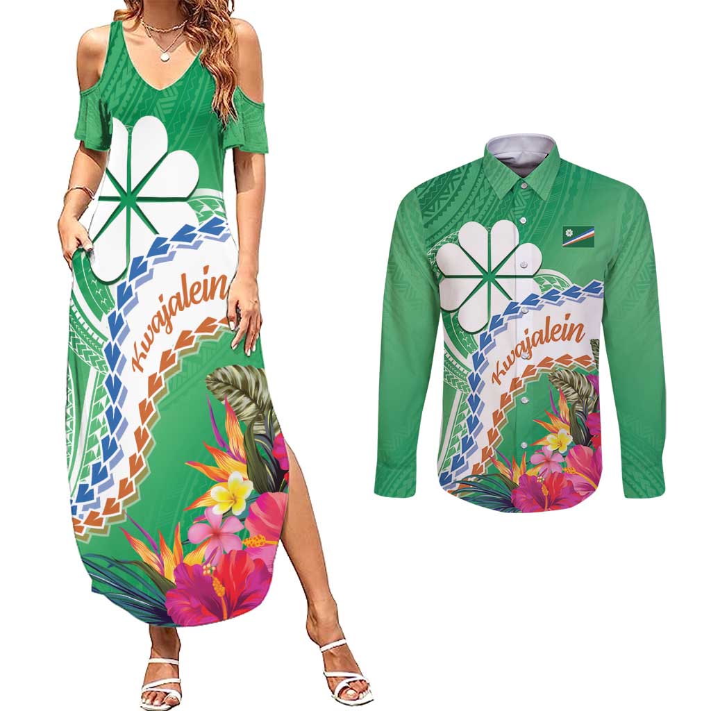 Marshall Islands Kwajalein Atoll Couples Matching Summer Maxi Dress and Long Sleeve Button Shirt Curves Polynesian Mix Tropical Flowers