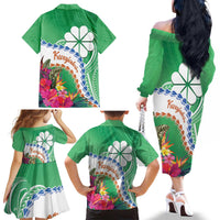 Marshall Islands Kwajalein Atoll Family Matching Off The Shoulder Long Sleeve Dress and Hawaiian Shirt Curves Polynesian Mix Tropical Flowers