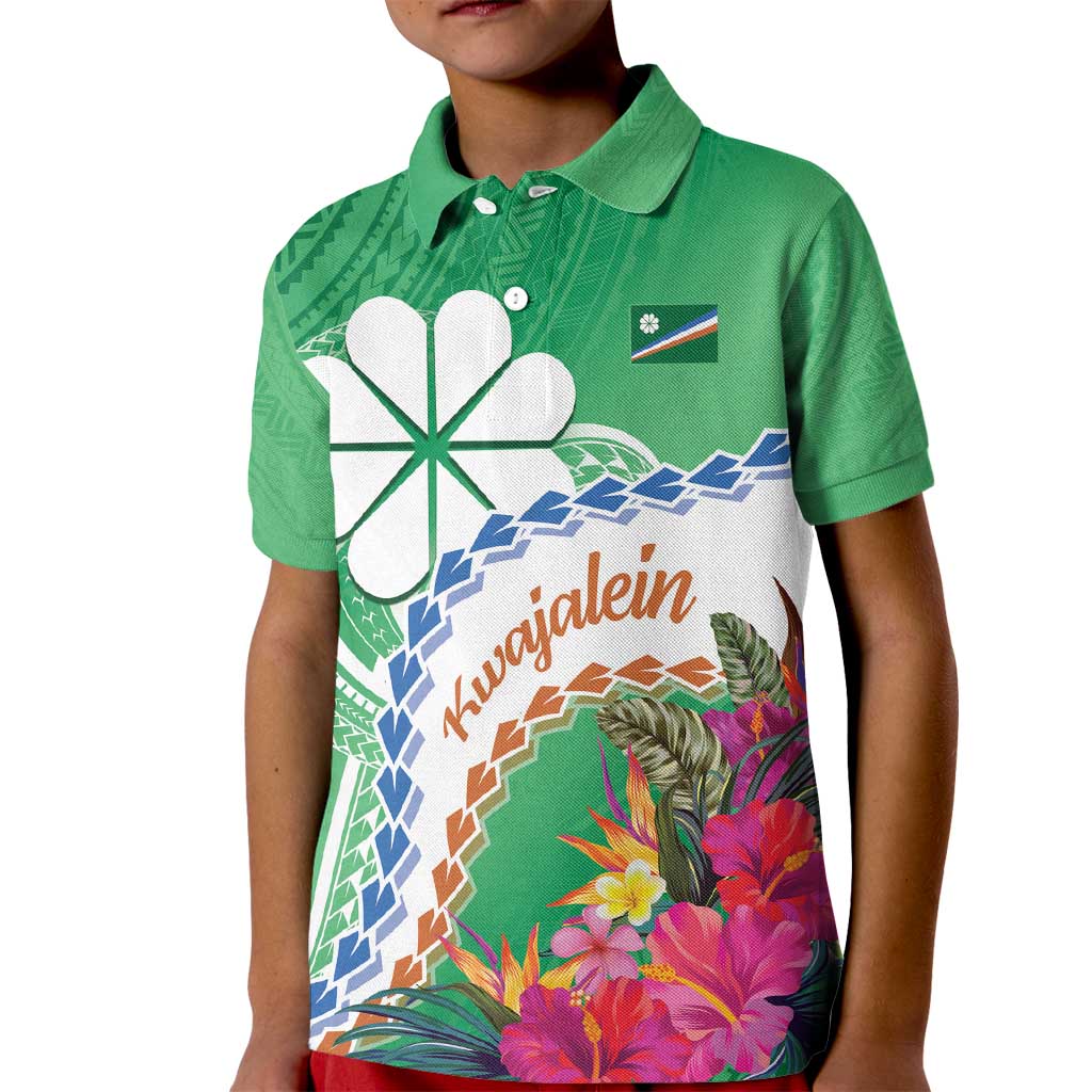 Marshall Islands Kwajalein Atoll Kid Polo Shirt Curves Polynesian Mix Tropical Flowers LT14 Kid Green - Polynesian Pride